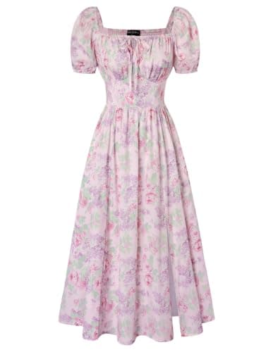 Scarlet Darkness Women's Floral Corset Dress with Split 2026 Summer Spring Square Neck Midi Milkmaid Dresses Pastel Pink Purple Floral XXL - Image 1