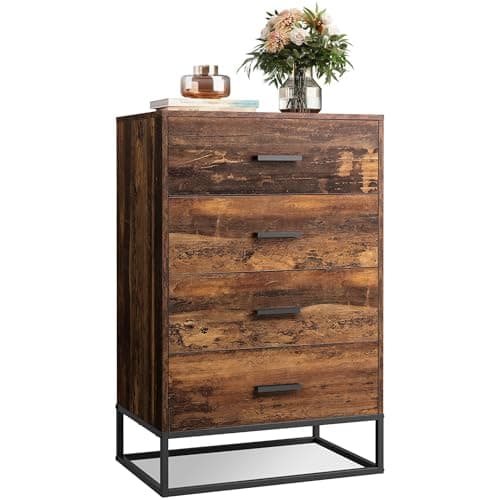 GALAXHERO Dresser for Bedroom with 4 Drawers, Tall Wooden Chest of Drawers with Sturdy Metal Frame, Small Storage Organizer Cabinet for Closet, Hallway, Living Room, Brown Oak - Image 1