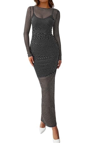 BTFBM Fall Dresses for Women 2026 2 Piece Set Long Sleeve Polka Dot Sexy Bodycon Mesh Dress and Slip Dress Party Wedding(Small Dot Black White, Large) - Image 1