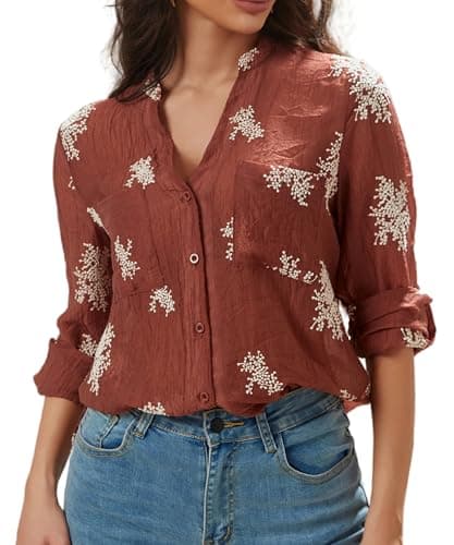 Women's Long Sleeve Sheer Floral Embroidered See Through Button Down Blouse Lightweight Boho V Neck Shirts X-Large YG010 Wine Red XL - Image 1