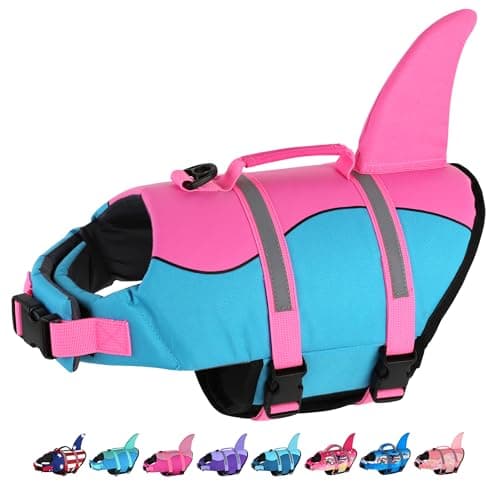 Dogcheer Dog Life Jacket, Cute Shark Dog Life Vest for Swimming Boating with Superior Buoyancy and Rescue Handle, Adjustable Puppy Floating Swim Vest for Small Medium Large Dogs - Blue & Pink, XL