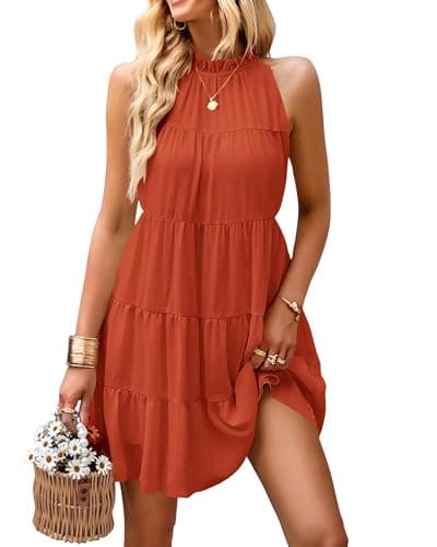 KIRUNDO Summer Sundresses for Women Spring Halter Flowy Babydoll Tiered Pleated Beach Wedding Guest Vacation Cruise Dress (Brick Red, XX-Large) - Image 1