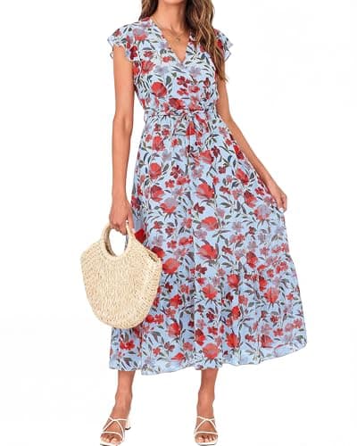 BTFBM Women Summer Bohemian Floral Casual Wrap V Neck Ruffle Cap Sleeveless Belt A-Line Pleated Hem Swing Midi Sun Dress(Blue Red Flower,Large) - Image 1