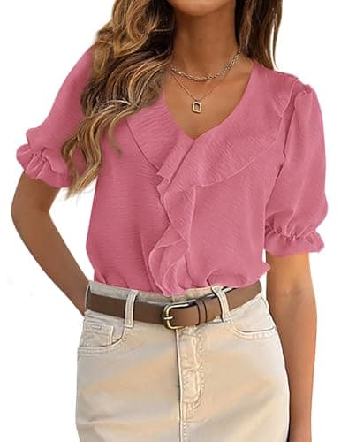 PRETTYGARDEN Women's Summer Dressy Casual Blouses 2026 Short Sleeve V Neck Ruffle Business Work Tops Trendy Spring Outfits (Dark Pink,Medium) - Image 1