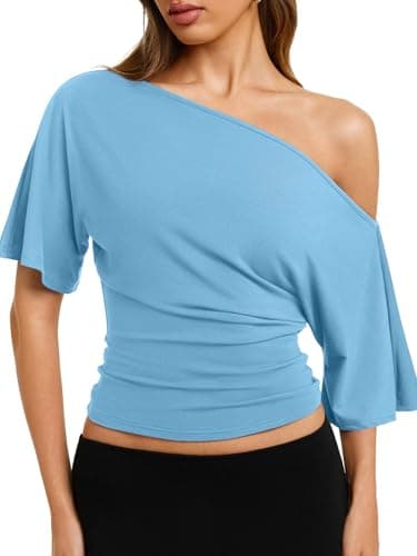 REORIA Women's Off The Shoulder Tops Short Sleeve Cinched Waist T-Shirts Baby Blue - Image 1