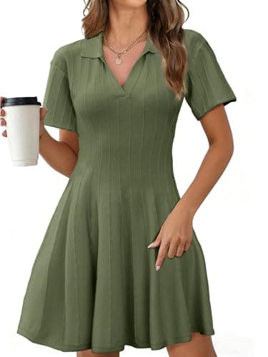 Skoinvb Womens Summer Short Sleeve V Neck Dress A Line Min Sweater Dress Bodycon Pleated Ribbed Knit Dresses Green L - Image 1