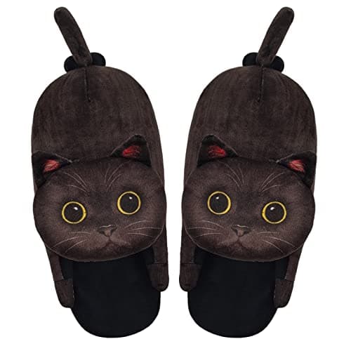 Openhahaha Cat Slippers for Women, Cute Fuzzy Animal Slippers For Indoor and Outdoor, Comfy Non-Slip Memory Foam Sole, Funny Cat Lover Gifts for Women (Black Cat) - Image 1