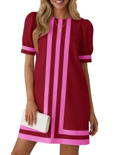 Wenrine Womens Puff Short Sleeve Mini Dress Summer Crewneck Striped Color Block Loose Casual Shift Dresses with Pockets Burgundy - Image 1