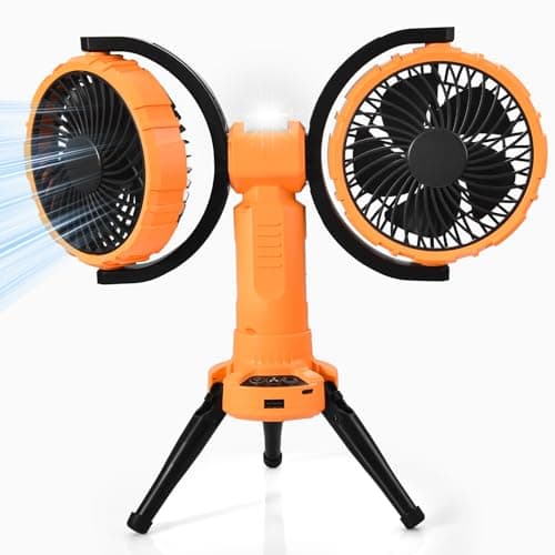 WISFISSH 10000mAh Outdoor Camping Fan, Oscillating Battery Operated Tent Fan with LED Lantern, Dual Head Rechargeable Tent Ceiling Fan with Tripod & Hanging Hook - Yellow - Image 1