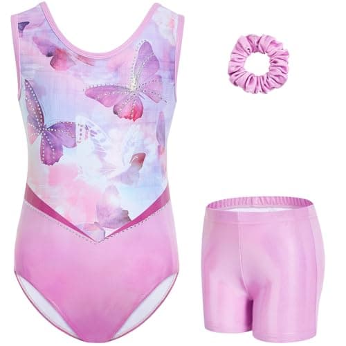Gogokids Gymnastics Leotards for Girls Sparkly Rhinestone Mesh Cutout Back Dance Unitards Biketards with Shorts Activewear, Pink, 9-10 Years - Image 1