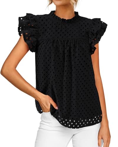 BTFBM Casual Summer Tops for Women 2025 Short Ruffle Sleeves Shirts Crew Neck Hollow Out Lace Embroidered Blouses(Black,Large) - Image 1