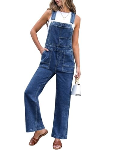 luvamia Jean Overalls for Women Straight Wide Leg Baggy Stretchy Adjustable Strap Denim Jumpsuit for Women Plus Size Denim Bib Overalls Loose Fit Classic Blue Size X-Large US 16-18 - Image 1
