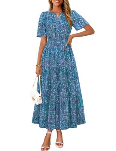 MEROKEETY Women's Spring Summer Floral Maxi Dresses 2026 Casual Beach Vacation Boho V Neck Short Sleeve Midi Dress Pockets, Bluegreen, Large - Image 1