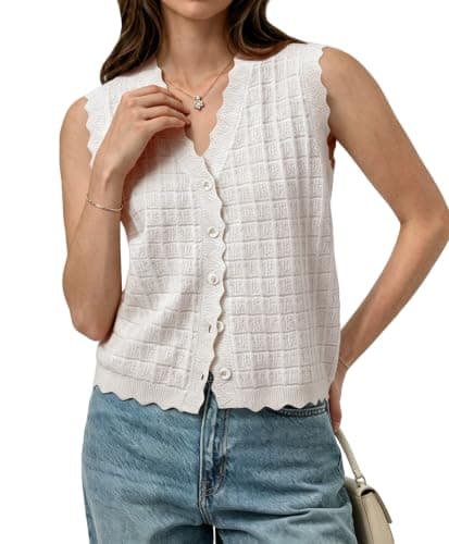 AceNest Cozy Sweaters Basic Vest Top Ruffle Knit Tank Tops Fall Sweaters White M - Image 1
