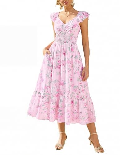 GRACE KARIN Women's Summer Floral Maxi Dress 2026 Ruffle Sleeve Smocked Sundress Flowy Wedding Guest Long Dresses Light Pink 2XL - Image 1