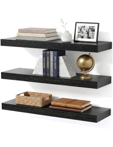 Mifurn Floating Shelves for Wall, Bathroom Shelves Over Toilet, Wall Shelves & Book Shelf for Room, Hanging Shelf, Modern Wooden Mounted Floating Shelves, 24x7x1.5 in (Black, Set of 3) - Image 1