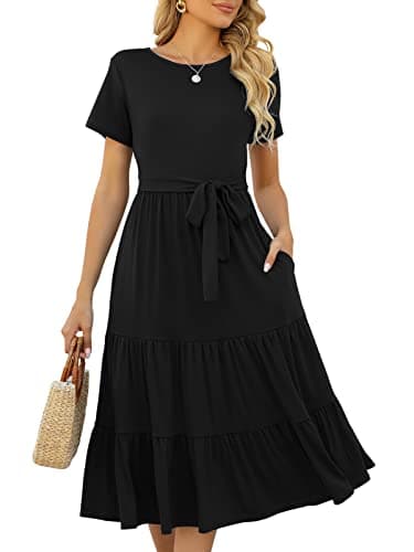 Lyrur Women's Casual Black Dress Short Sleeve Tiered Midi Ruffle Babydoll Belted Summer Sundress with Pockets(XL,9191-Black) - Image 1