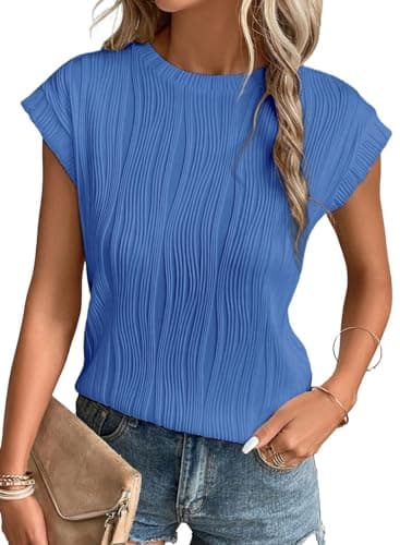 EVALESS Womens 2026 Round Neck Short Sleeve T Shirts Fashion Trendy Spring Summer Loose Fit Plain Knit Textured Tops Casual Tee Blouses Clothes Outfits,Sky Blue X-Large - Image 1