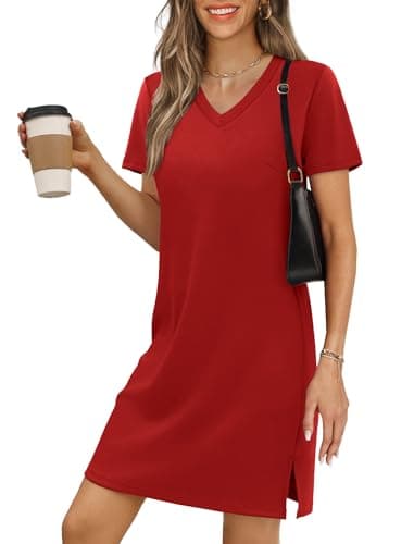 RUMIA Women's Dresses Summer Casual Mini Vacation Dress V-Neck Short Sleeve Split Hem Beach Sundress Red XS - Image 1