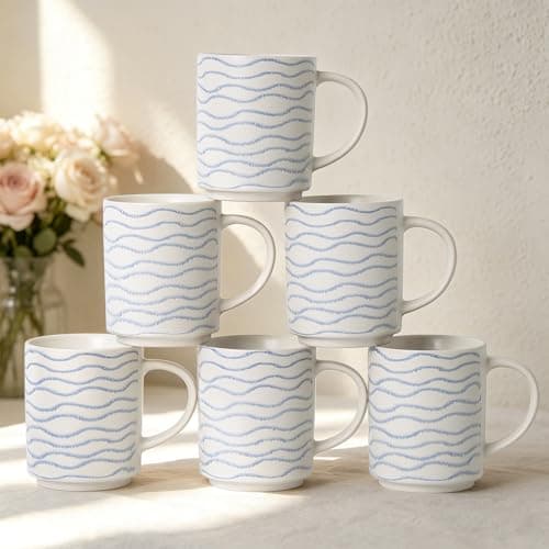 ALOFMO Ceramic Mugs Set of 6, 17oz Coffee Mugs with Handpainted Blue Stripe Pattern, Modern Stackable Coffee Cups, Dishwasher and Microwave Safe Mugs for Coffee, Tea, Milk - Image 1