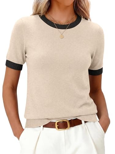 ANRABESS Short Sleeve Sweater for Women Lightweight Crewneck Wool Blend Sweaters Tops Spring Summer Business Casual Outfits Black-Beige - Image 1