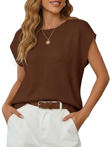 Saodimallsu Womens Short Sleeve Sweater Tops Summer Crewneck Lightweight Knit Casual Loose Sleeveless Sweater Vest Coffee - Image 1
