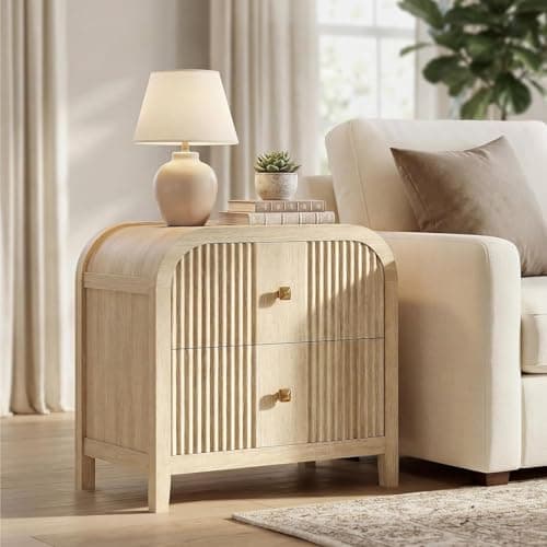 ModernMate Modern 2-Drawer Nightstand with Wave-Fluted Front & Curved R-Angle Top, Thickened Wood Bedside Table with Brushed Copper Pulls for Bedroom - Image 1