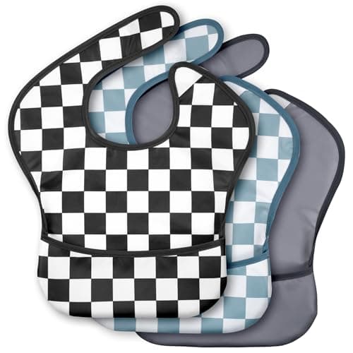 CIVARUA KIDS 3-Pack Waterproof Baby Bibs for Eating - Mess Proof Lightweight Toddler Feeding Bibs with Large Food Catcher, Food-Grade Baby Eating Essentials, Easy to Put On & Clean(Black Cherkerd) - Image 1