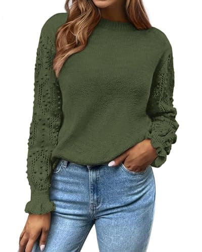 BTFBM Fall Sweaters for Women 2026 Crew Neck Long Sleeve Hollow Out Swiss Dot Knit Casual Pullover Tops Fashion Clothing(Army Green, XX-Large) - Image 1