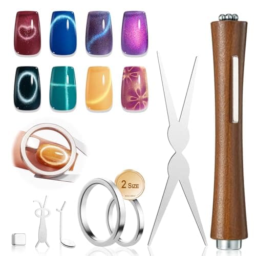 modelones Cat Eye Magnet Set, 7PCS Cat Eye Gel Polish Magnet Tools with 2 Sizes Hollow Circle, 3-in-1 Dual Head Magnet Pen, Heart Ball Magnets for French Flower Moon Halo Nail Art, Home DIY Salon