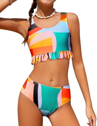 Arshiner Girls Two Piece Swimsuits Tween Bathing Suit Kids High Waisted Bikini Ruffle Tankini Summer Beach Swimwear Set (Size 7-8, Geometric Print) - Image 1