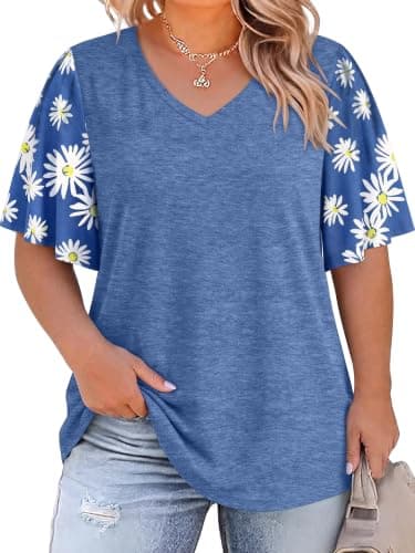 HDLTE Women Plus Size Tops Bell Sleeves Floral Print Shirt Casual Plus Size Blouse (Blue, 4X) - Image 1