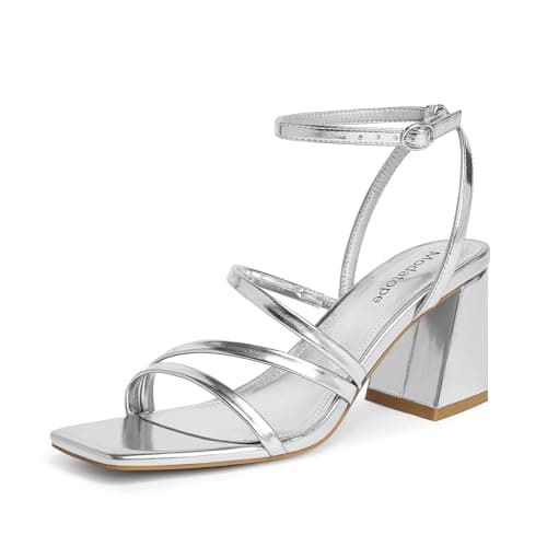 Modatope Ankle Strap Heels for Women Chunky Summer Sandals, Silver, 7 - Image 1