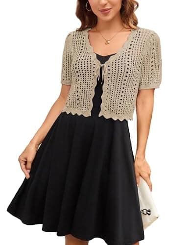 Kate Kasin Women Summer Light Weight Crochet Cardigan Cropped Bolero Shrug Sweater Tie Front Knit Shrugs Khaki M - Image 1