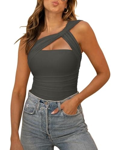 REORIA Womens Sexy One Shoulder Asymmetrical Tank Top Leopard Print Mesh Ruched Sleeveless Backless Trendy Going Out Thong Bodysuits Tops Thyme Medium - Image 1