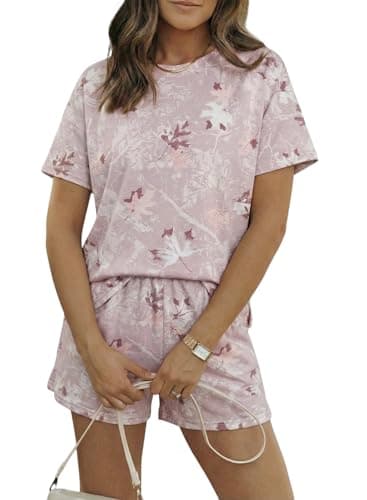 EVALESS 2 Piece Sets for Women Summer Shorts Sets Spring Fashion 2026 Beach Vacation Outfits Resort Wear Casual Crewneck Short Sleeve Printed Matching Sets Pink Large - Image 1