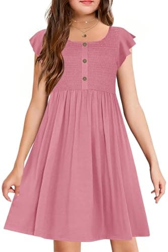 YOVION Littile Girls Casual Dress Short Sleeve A-line Summer Party Dress with Pockets for 8-9 Y Pink - Image 1