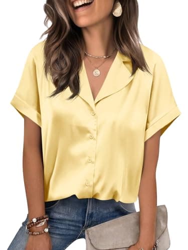 Cicy Bell Womens Summer Satin Button Down Shirts Silk Short Sleeve V Neck Casual Dressy Tops Loose Fit Collared Work Blouse Yellow - Image 1