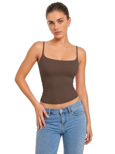Women Summer Tank Tops Y2K Going Out Spaghetti Strap Crop Tops Sexy Square Neck Tanks Trendy 2025 Casual Sleeveless Basic Camisole Shirts (Brown,XS)