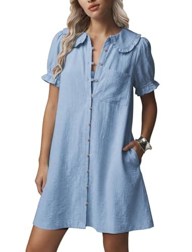 Theenkoln Womens Button Down Mini Dress:Oversized Peter Pan Collar Short Sleeve Flowy Baby Doll Dresses with Belt Light Blue S - Image 1