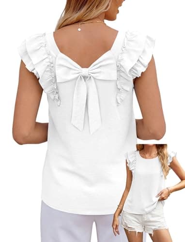 Okiwam Womens Ruffle Short Sleeve Summer Tops Bow Tie Back Blouse Round Neck Cute Babydoll Shirts Spring Summer 2026 Fashion Clothes-XXL White - Image 1