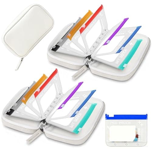 NeLiangIA 2 Pack Off White Weekly Pill Organizer, Waterproof Travel Pill Organizer with 7 Color Pouches, Pastilleros para Medicamentos, Travel Medicine Organizer for Gift & Family Use
