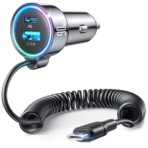 USB C 90W Car Charger for iPhone 17/16 Pro Max, PD & QC3.0 w/5 ft 45W Type Coiled Cable, Fast Car Phone Charger Adapter for iPhone 17Air/15 Pro, Samsung Galaxy S26/S25/S24, Pixel 10/LG/Android, iPad - Image 1