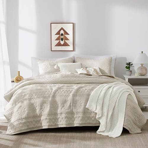 WDCOZY Beige Boho Oversized California Cal King Size Quilt Bedding Set with 2 Pillow Shams, Farmhouse Lightweight Soft Bedspread Coverlet for All Season, 3 Pieces