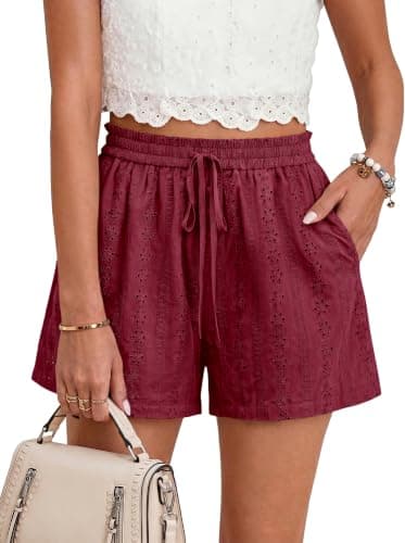 KIRUNDO Lace Shorts for Women Summer Cute Boho Eyelet Elastic Waist Drawstring Casual Lounge Shorts Beach Vacation Outfits(Burgundy, X-Large) - Image 1