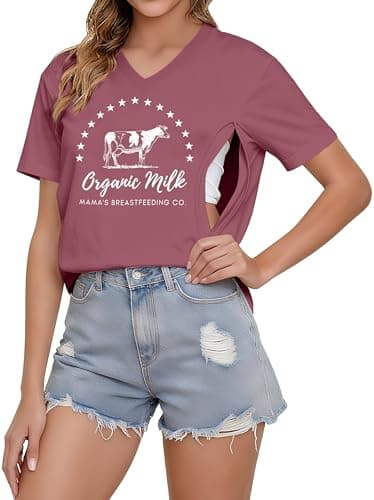 LUKYCILD Nursing Shirts for Breastfeeding Women Zipper Nursing Maternity Graphic Tee Mama Breast Feeding V Neck Tops Pink - Image 1
