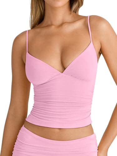 PINKMSTYLE Womens Slim Fit V Neck Cami Tank Top Double Layer Adjustable Straps Top Summer Basic Layering Top Spft Pink Large - Image 1