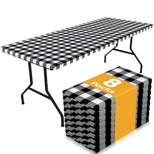Smiry Picnic Table Cloth 8 Pack, Waterproof Elastic Fitted Tablecloths for 6FT Rectangle Tables, Washable Polyester Buffalo Plaid Tablecloth for Camping, Dining & Outdoor (Black & White, 30" x 72") - Image 1