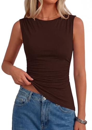 PRETTYGARDEN Boat Neck Tops for Women 2026 Spring Asymmetrical Sleeveless Slim Fit Blouses Summer Going Out Ruched Tank Top (Brown,X-Small) - Image 1
