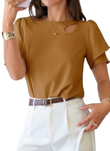 Dokotoo Blouses for Women Dressy Casual 2026 Summer Ruffle Short Sleeve Crew Neck Work Shirts Tops Fashion Clothing Shoulder Cutout Business Casual Tops Brown Large - Image 1